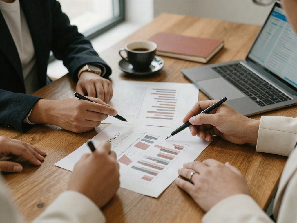 Consultants collaboratively reviewing printed performance charts and business analytics