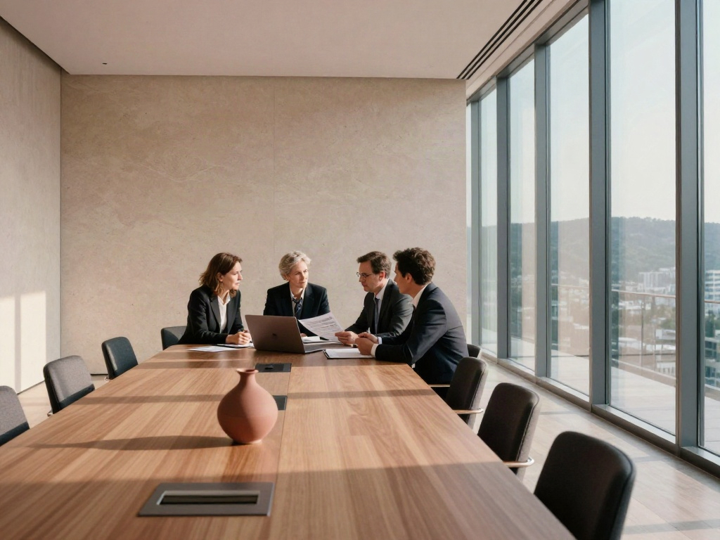 Business strategists in a sunlit contemporary boardroom reviewing their next steps
